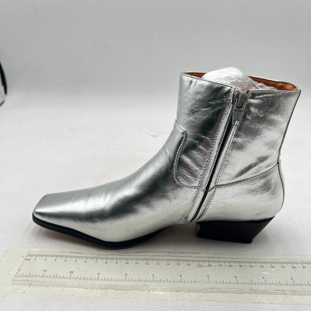 Silver Square Toe Booties Low Chunky Block Heels Side Zipper Ankle Boots Formal